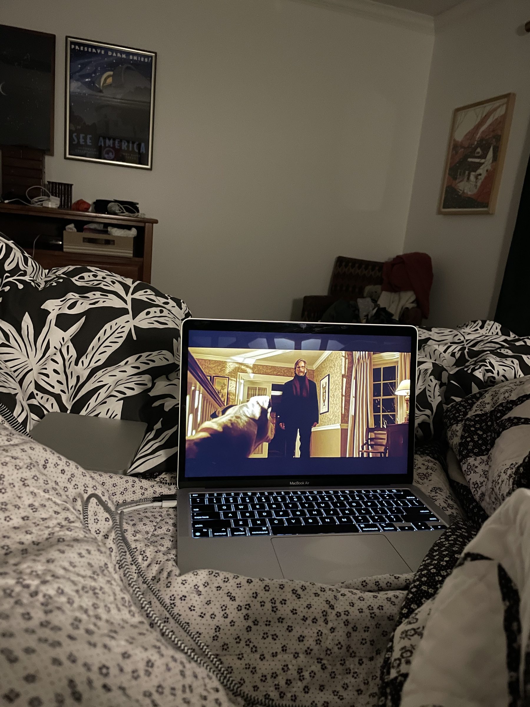 Macbook air with incredible battery life playing Wonder Boys from my ancient DVD collection.
